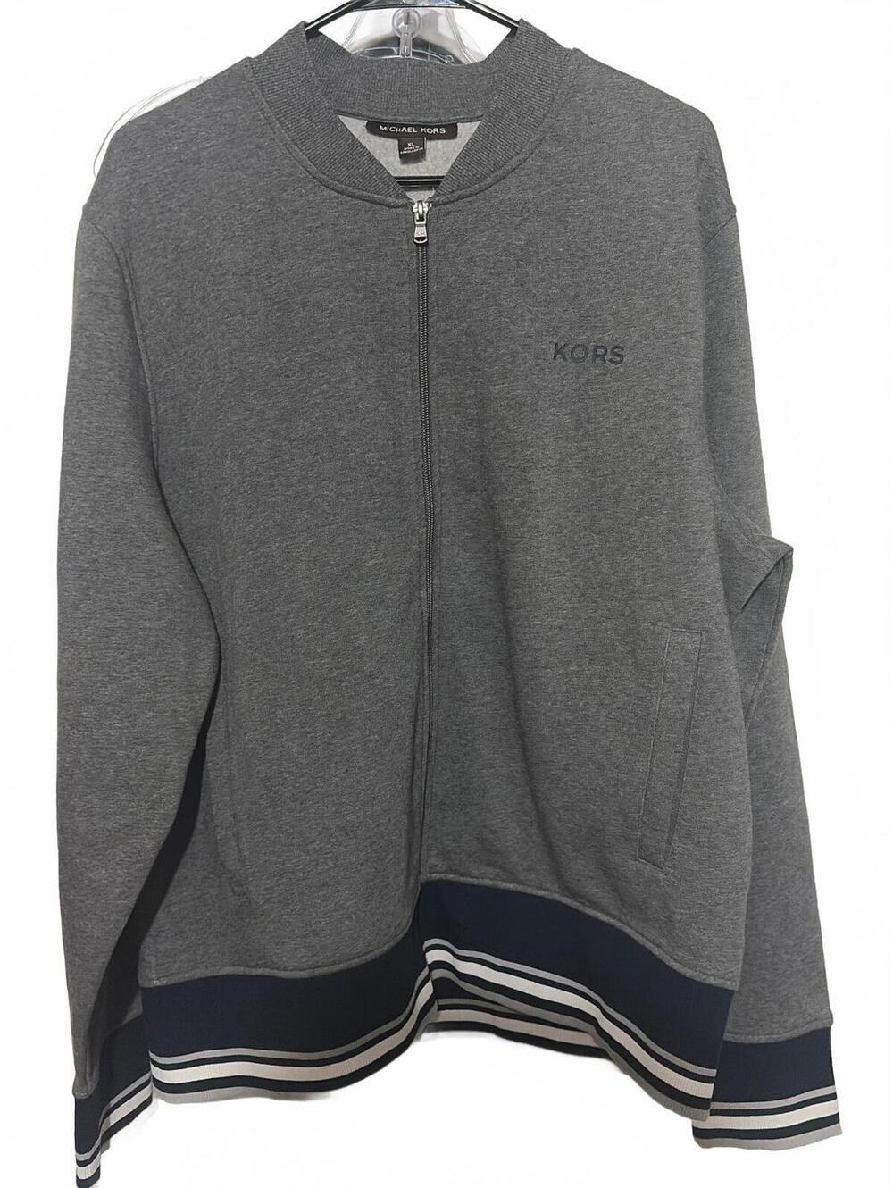 Michael Kors Ash Melange Zip-Up Jacket XL with Navy and White Striped Ribbed Hem
